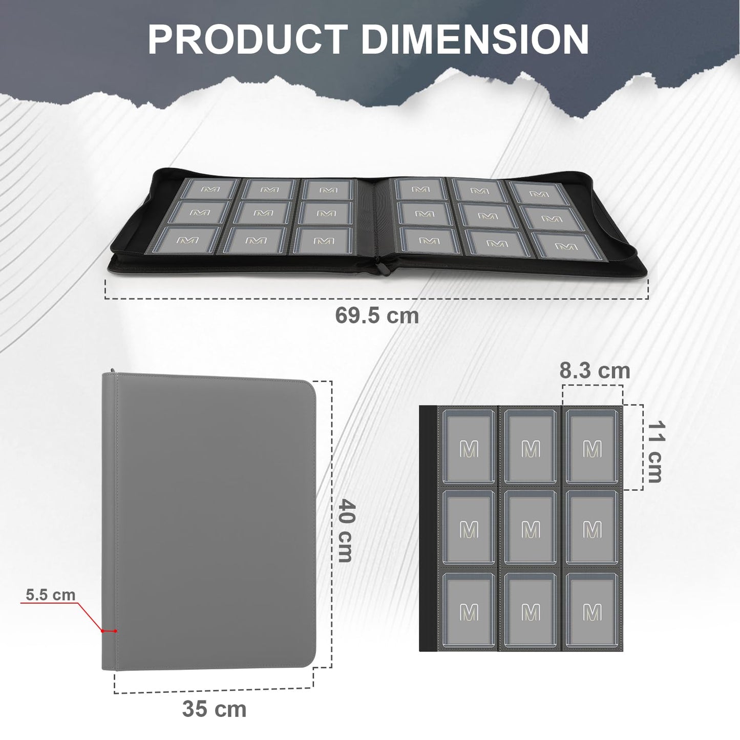 Toploader Binder Trading Card Binder Storage Hold up 288 Cards 9-Pocket Top Loader Binder with Sleeves for 3x4 Rigid Toploaders Hard Cases (9Dark Grey)