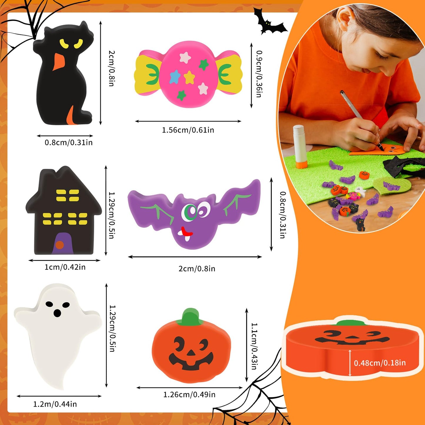 JUNEBRUSHS 300 Pcs Halloween Mini Erasers, Cute Small Bat Pumpkin Erasers Bulk for Kids Trick or Treat Halloween Party Favors, S