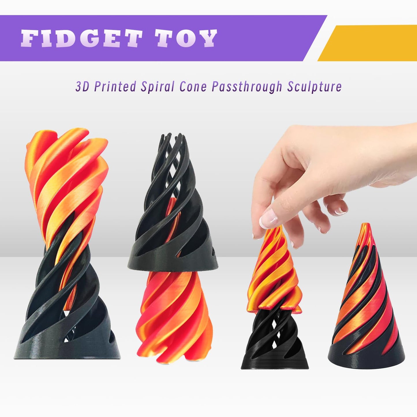 Impossible Pyramid Passthrough Fidget Toys,3D Printed Impossible Cone,Spiral Cone Fidget Toy,Desktop Ornament Fidget Toys (Gradi
