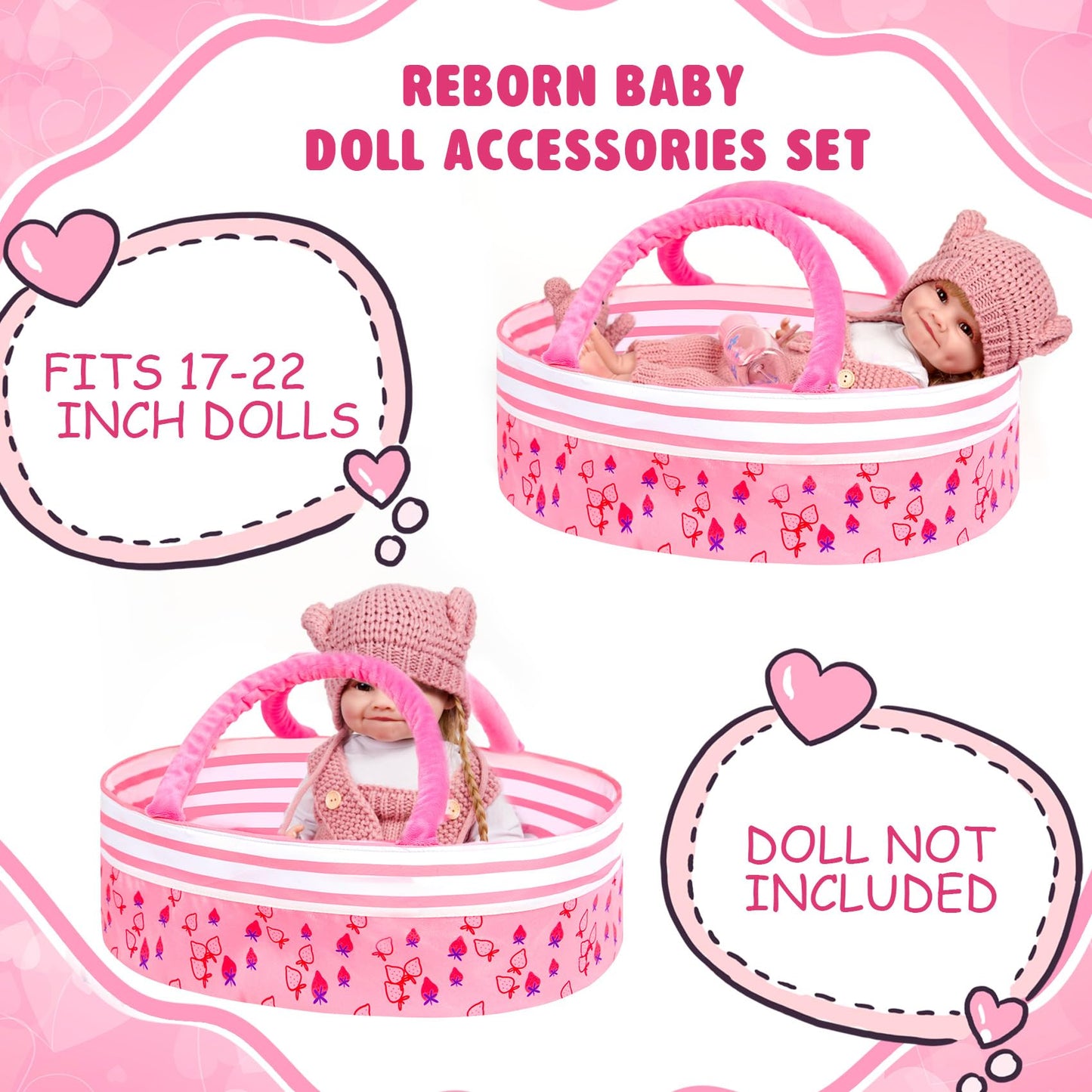 Artst 9Pcs Reborn Baby Doll Accessories With Bassinet,Baby Doll Clothes Knitted Outfit For 17-22 Inch Newborn Girls