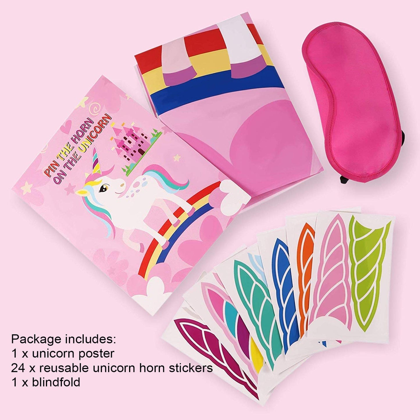 Pin The Horn On The Unicorn Game -Unicorn Party Game For Girls With 21'' X 28'' Poster, Reusable Horn Stickers Party Supplies Fo