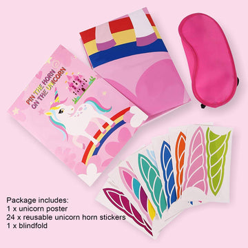 Pin The Horn On The Unicorn Game -Unicorn Party Game For Girls With 21'' X 28'' Poster, Reusable Horn Stickers Party Supplies Fo