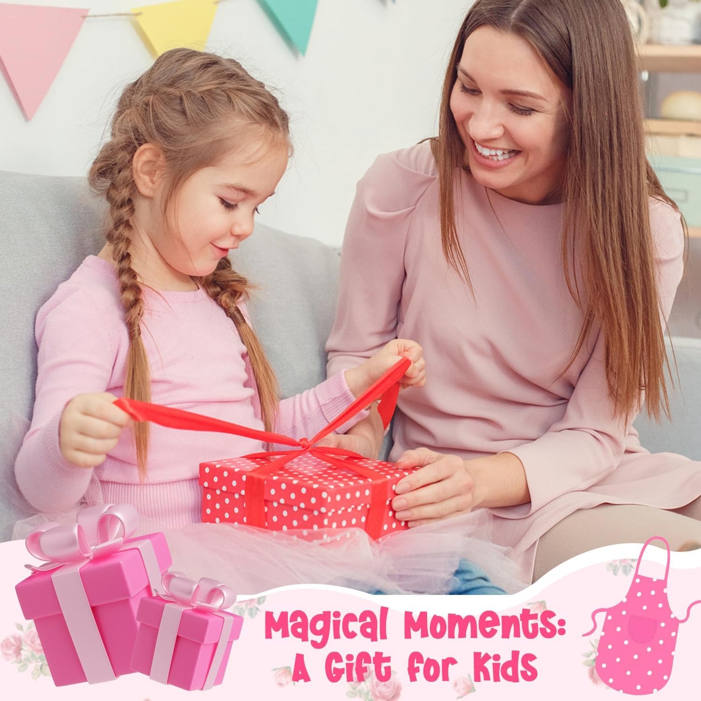 R Horse Kid Apron And Chef Hat Set - 2Pcs Plaid Floral Adjustable Children Kitchen Toddler Apron For Girls, Role Play Chef Toy C