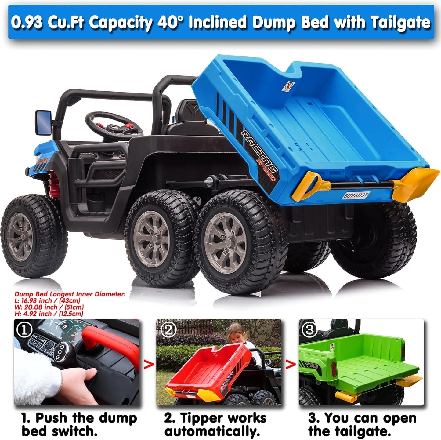 sopbost 2 Seater 24V Kids Ride On Truck with Electric Dump Bed, 4WD Battery Powered Ride On Toy Car with Remote Control, Extra S