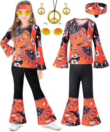 IWALUE 60s 70s Outfits Hippie Kid Girls Costume Set Disco Boho Flared Pants Accessories Set(Red,5-6 Years)