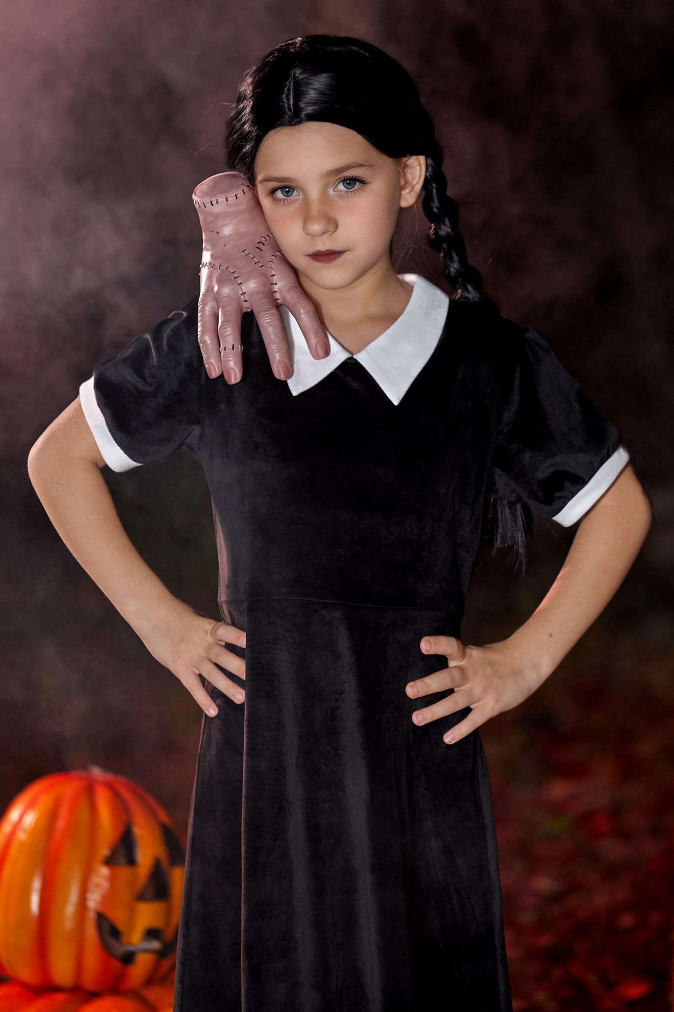 Girls Halloween Velvet Short Sleeve Peter Pan Collar A-Line Black Party Dresses 11-12 Years