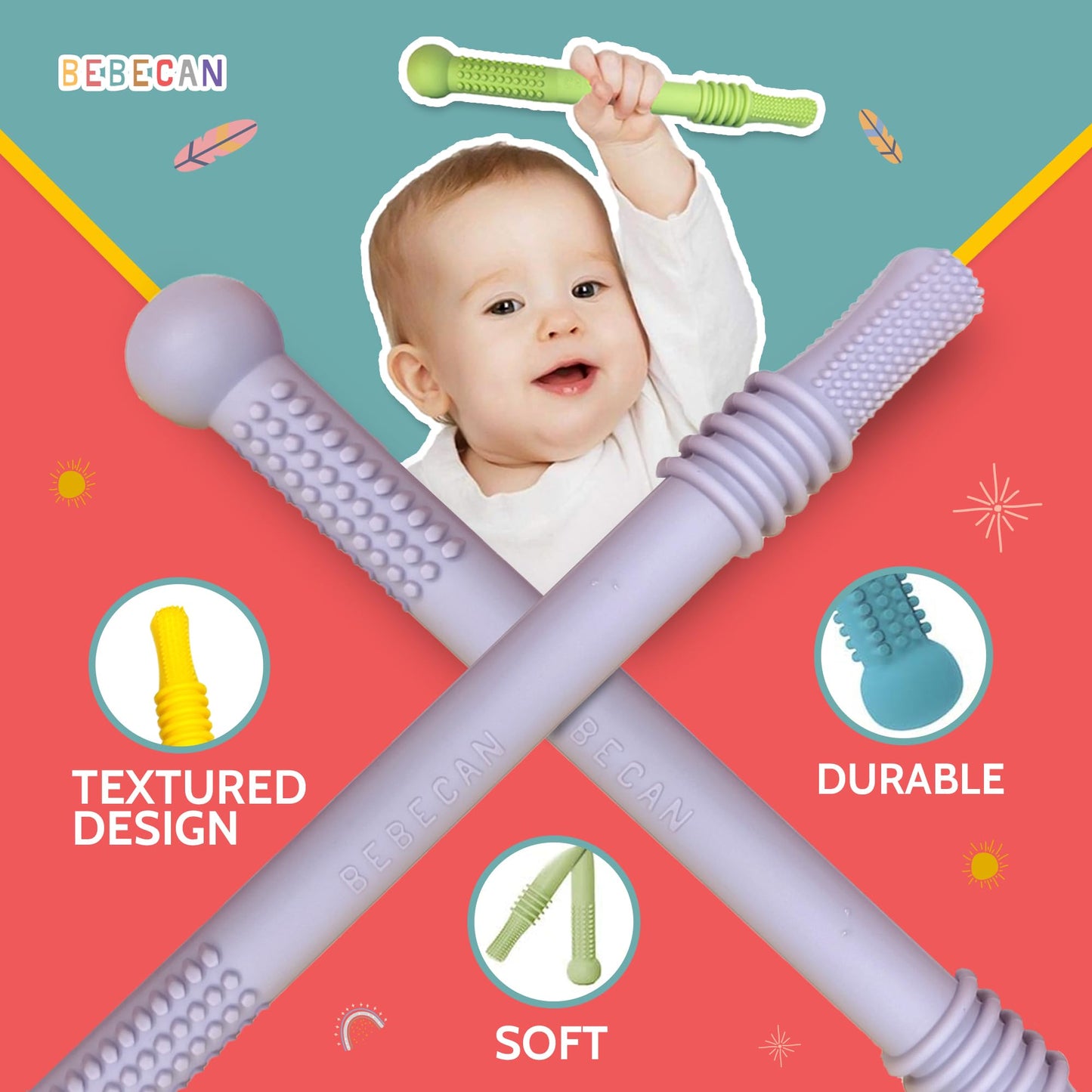 BEBECAN Teething Sticks - Soft Silicone Teethers, 6 Pack, 6.2 Inch, Multicolored, for Babies 0-36 Months