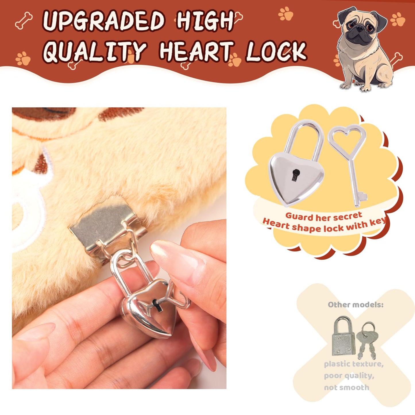 French bulldog Diary with Lock,Fluffy Dog Diary for 6 7 8 Year Old Girl,Kids Journal Notebook Gift Set with Multicolored Pen,Plu