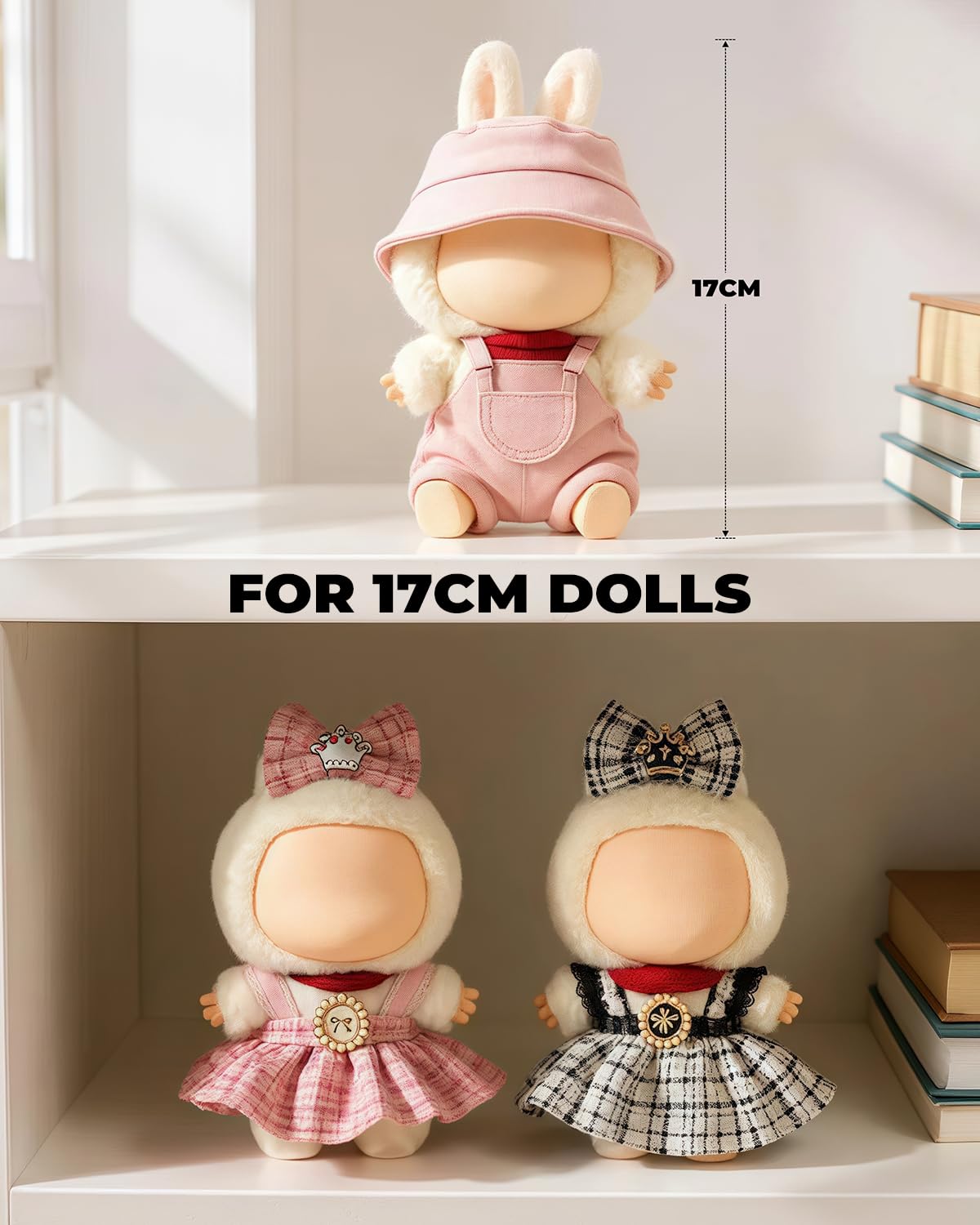 (3-Pack) 17cm Doll Clothes Set  Black Plaid Outfit & Pink Plaid Dress Set with Bow Clip and Metallic Details  Light Pink Fisherman Hat & Suspender Skirt for 17cm Doll  Cute Clothing
