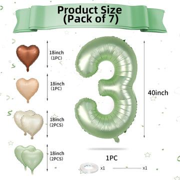Biapian 40 Inch Sage Green Number 3 Balloons, Gaint Number 3 Balloon With 18'' Retro Foil Heart Balloons Helium For Neutral Boys