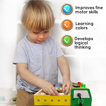 Toddler Montessori Busy Board - Wooden Educational Toy With Lights, Switches, Relay, Key, Bulbs, Sensory Board On Wheels - Presc