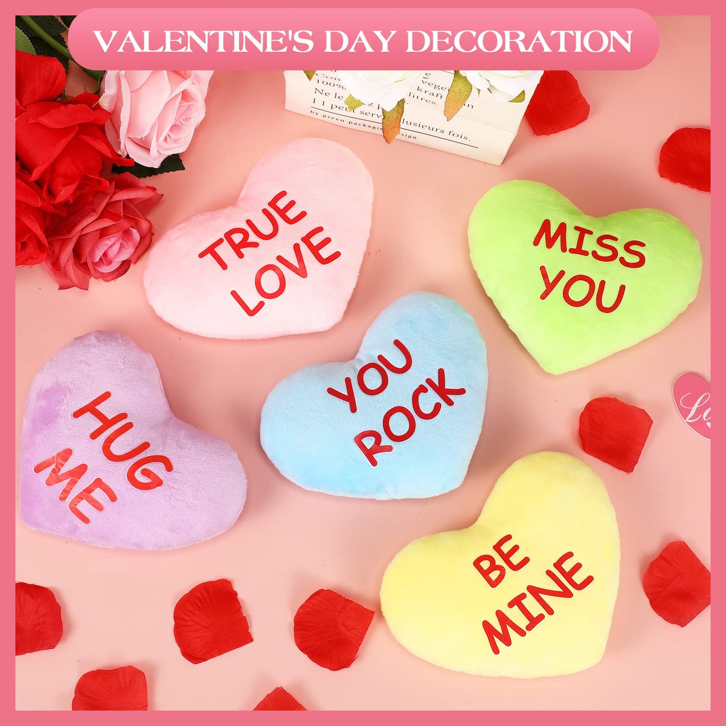 Hanaive 10 Pcs Plush Conversation Hearts Stuffed Valentines Day Toys 6 Inch Heart Candy Plush Decor Valentine Fabric Heart Throw
