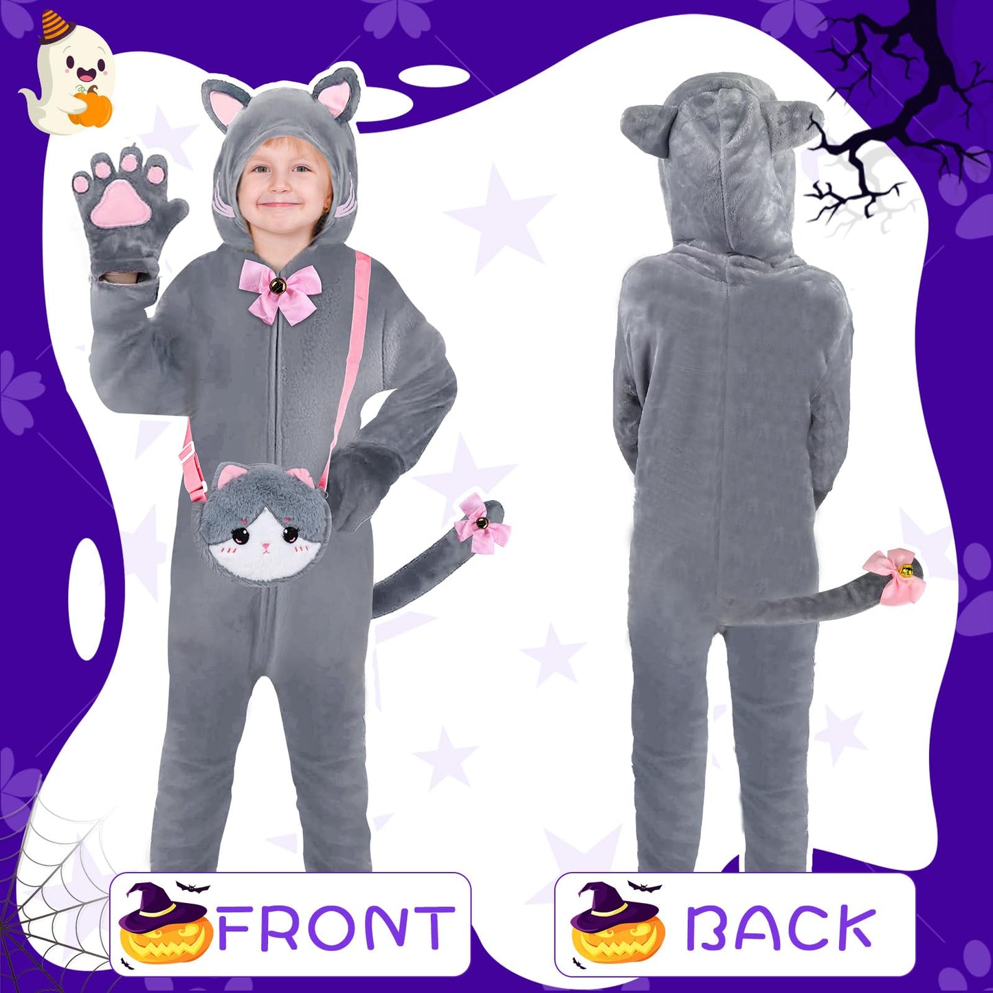 Gifts2U Halloween Cat Costume For Girls, Kids Onesie Costume With Pink Cat Ears, Cat Tail, Paws, Bow Ties And Purse Bag, Gifts For Halloween, Birthday Or Any Costume Occasion (7-8Years)