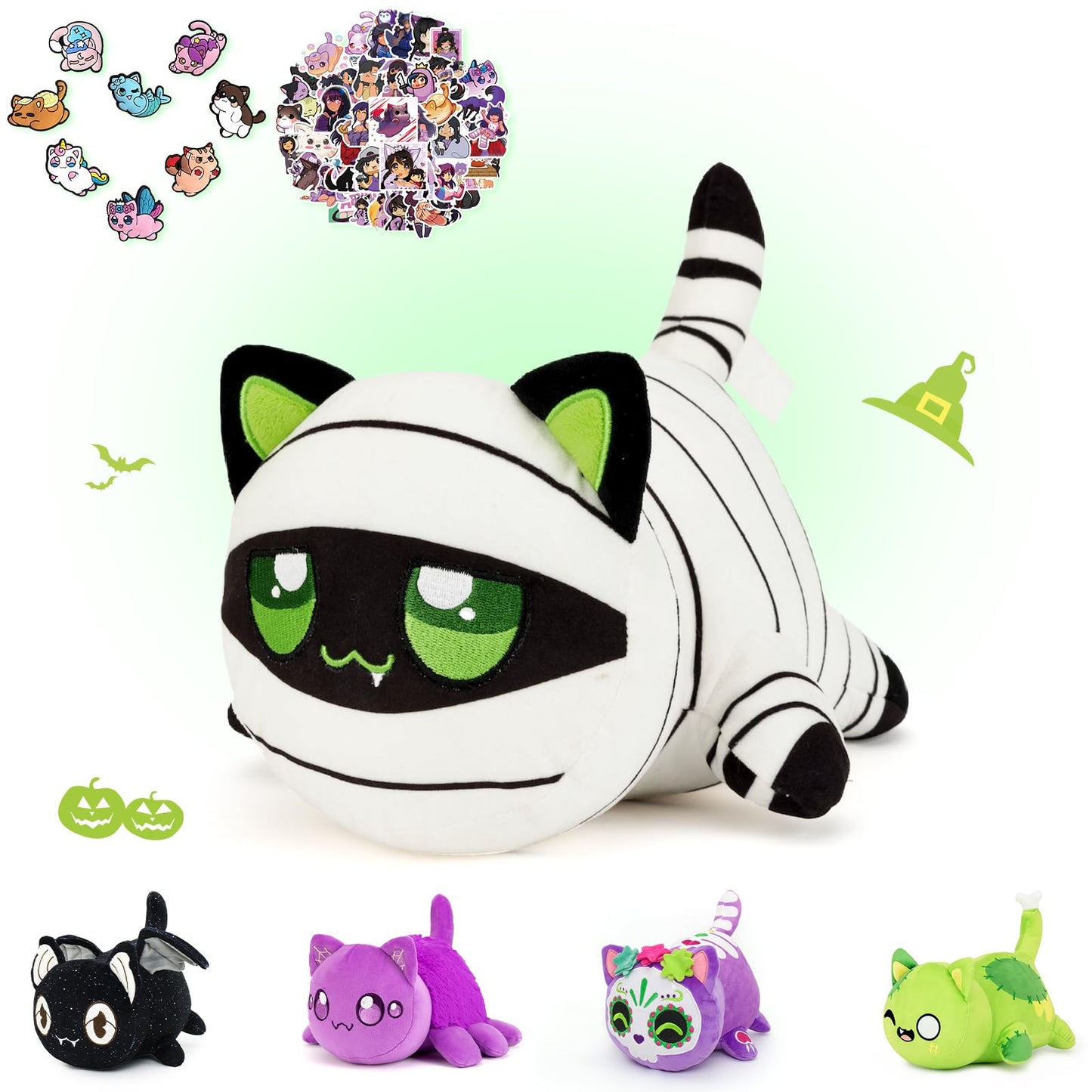 Kowsi 69-Pcs ? Mummy Cat Plush + 60-Sticker + 8-Pcs Shoe Charms - Ghost Cat Collection - 100% Embroidered Plushie - Cat Stuffed Animal Collectible (Mummy Cat)