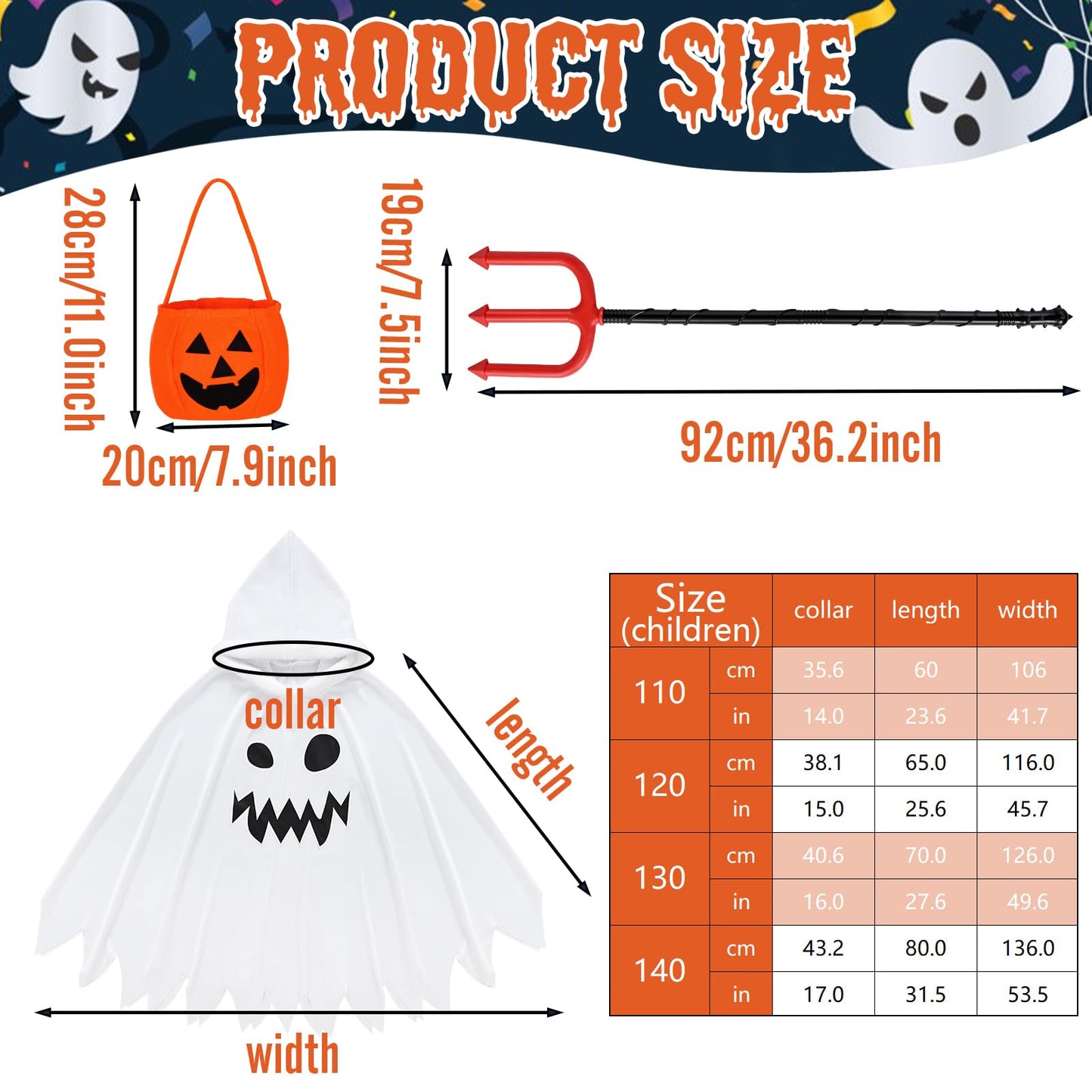 Forfamy Ghost Costume Kids Glow In The Dark Hooded Cloak White Halloween Costumes Spooky Trick Or Treating Cosplay Poncho (White