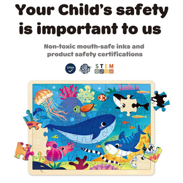Moinkidz 48 Piece Puzzles For Kids Ages 3-5 With Unique Puzzle Pieces, Wooden Jigsaw Puzzle For 3 4 5 6 7 8 Year Old, Ocean Animal Toddler Puzzles For Kids Ages 4-8 With Storage Tray