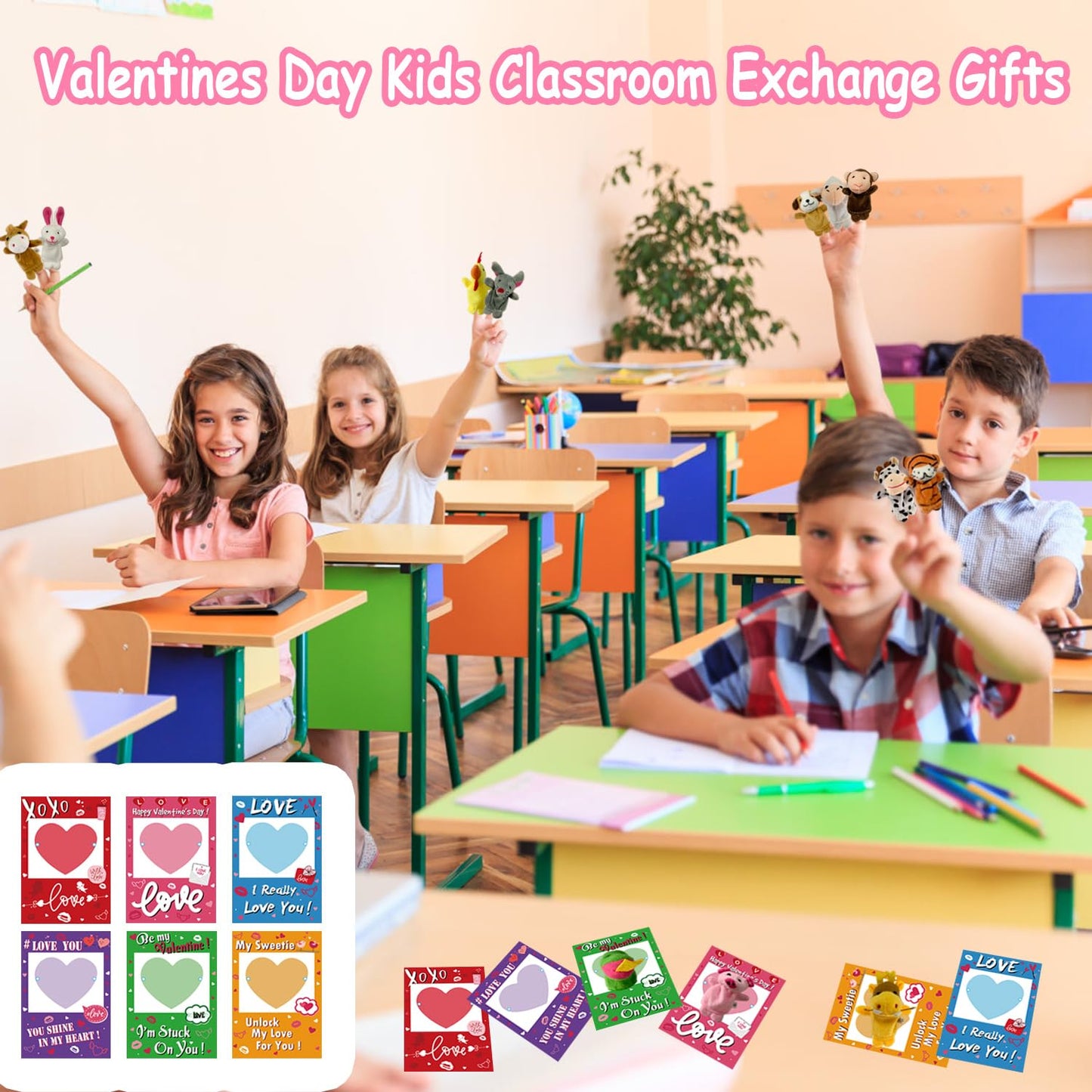 JIALWEN 12 Pack Valentines Day Cards for Kids with Animal Finger Puppet for Kids Valentine Theme Gifts Greeting Cards School Cla
