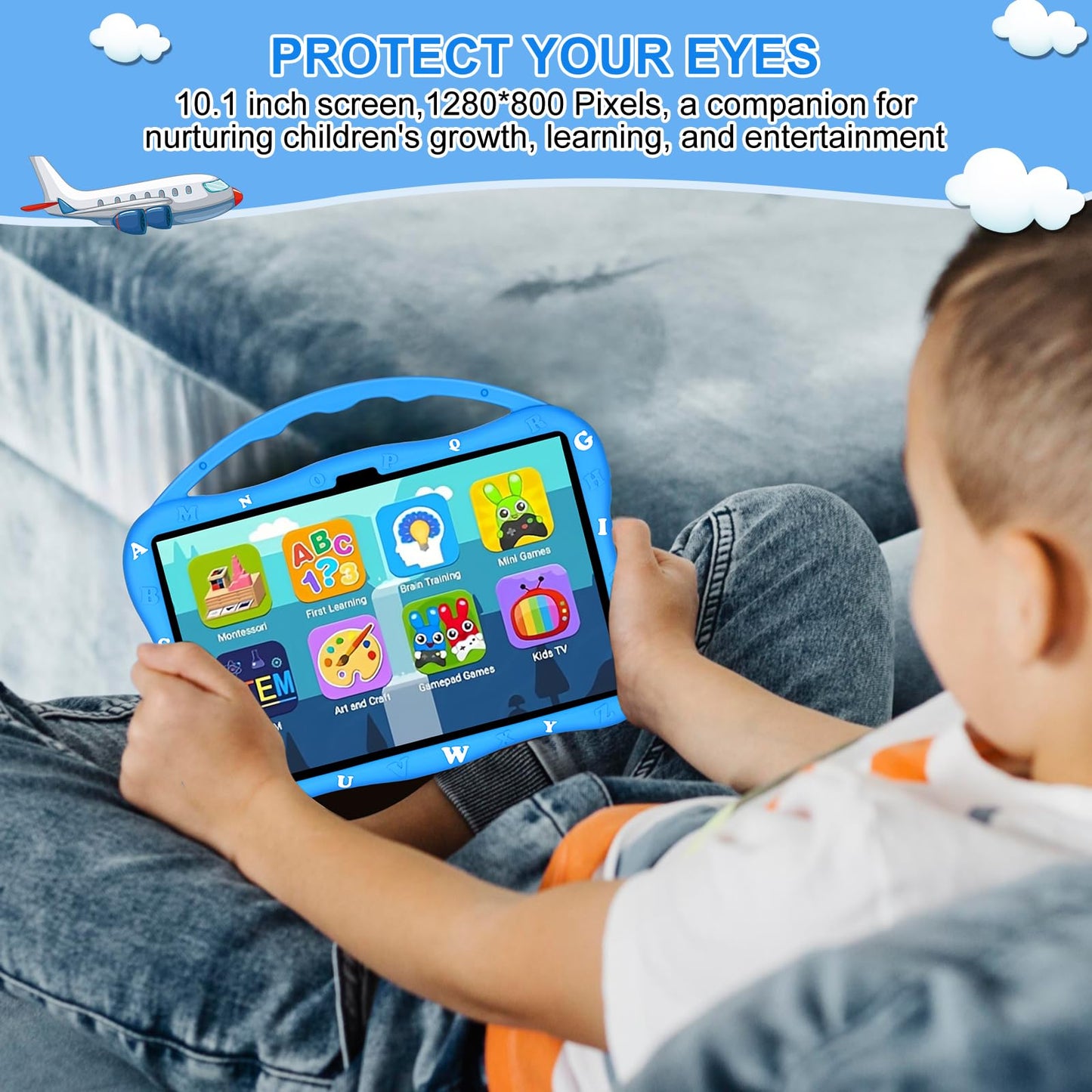 MengDash Kids Tablet, 10.1 inch Tablet for Kids 3-10, Educational Learning Toddler Tablet Android 14, 8GB RAM+64GB ROM Storage,