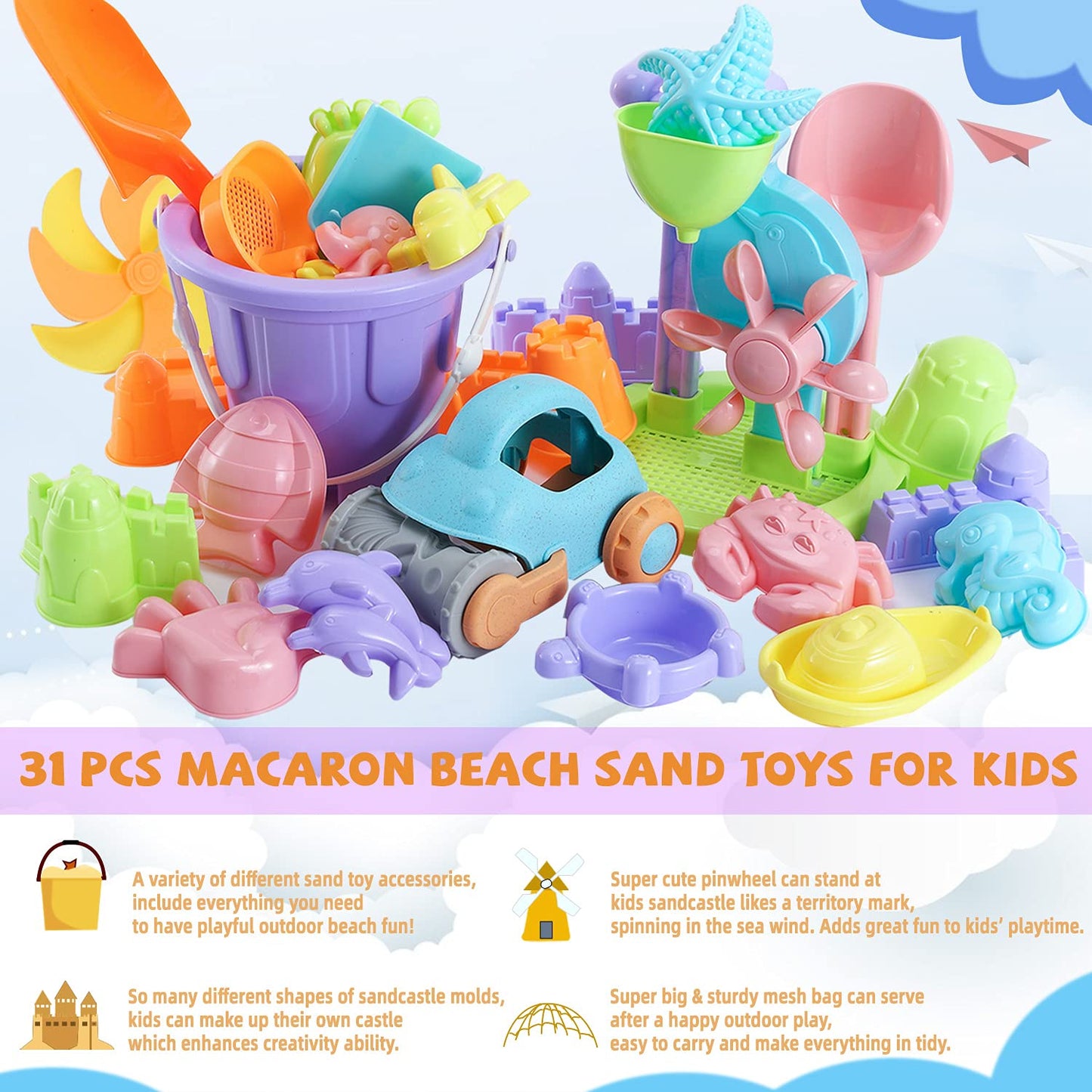 Beach Sand Toys For Kids - 31 Pcs Sandbox Toy Set For Kids 3-10, Sand Castle Toys With Water Wheel, Bucket, Shovel Tool Kit, Win