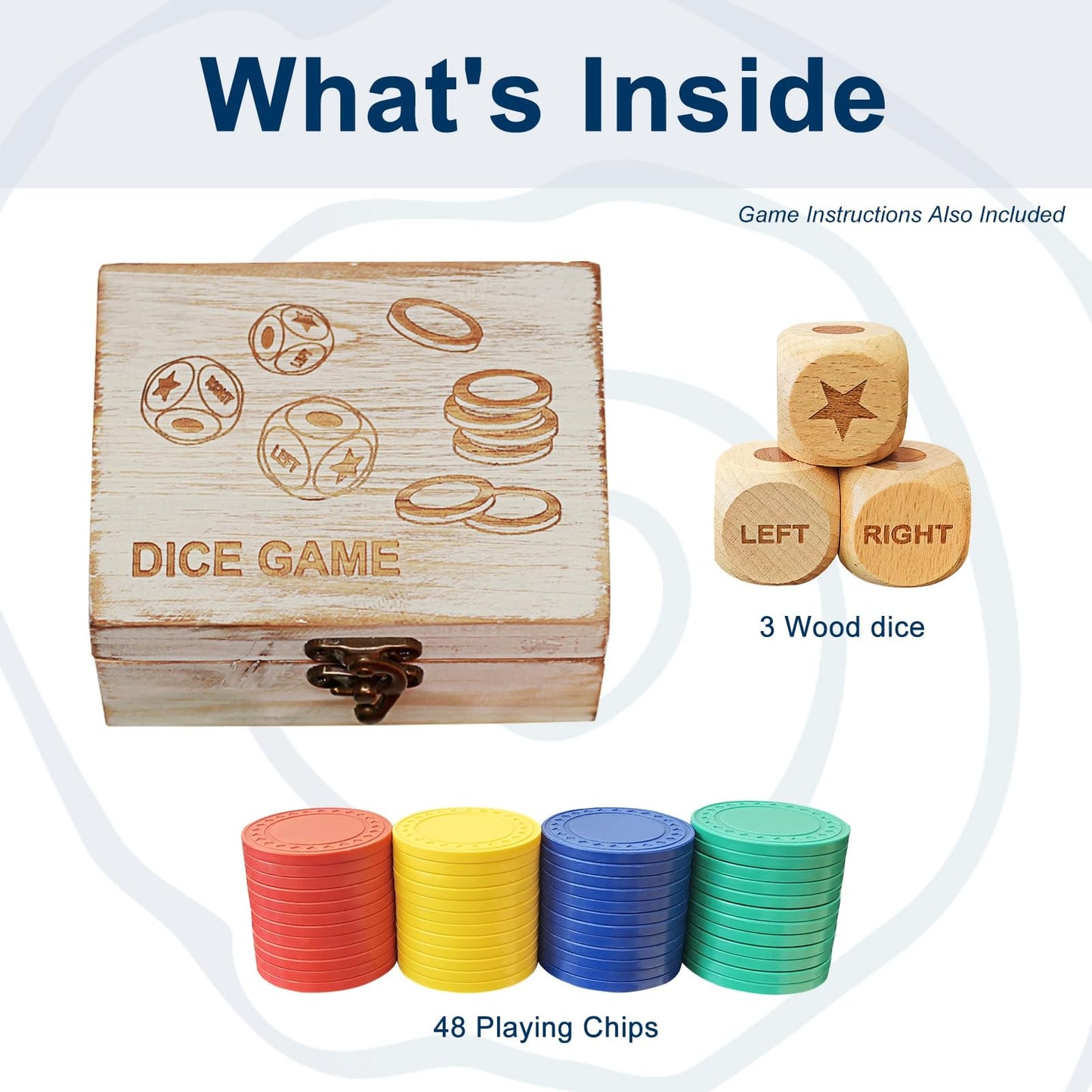Left Right Center Dice Game Set, 3 1-Inch Wood Dice And 48 Thicker Chips In Wooden Storage Box, Portable Travel Dice Games For F