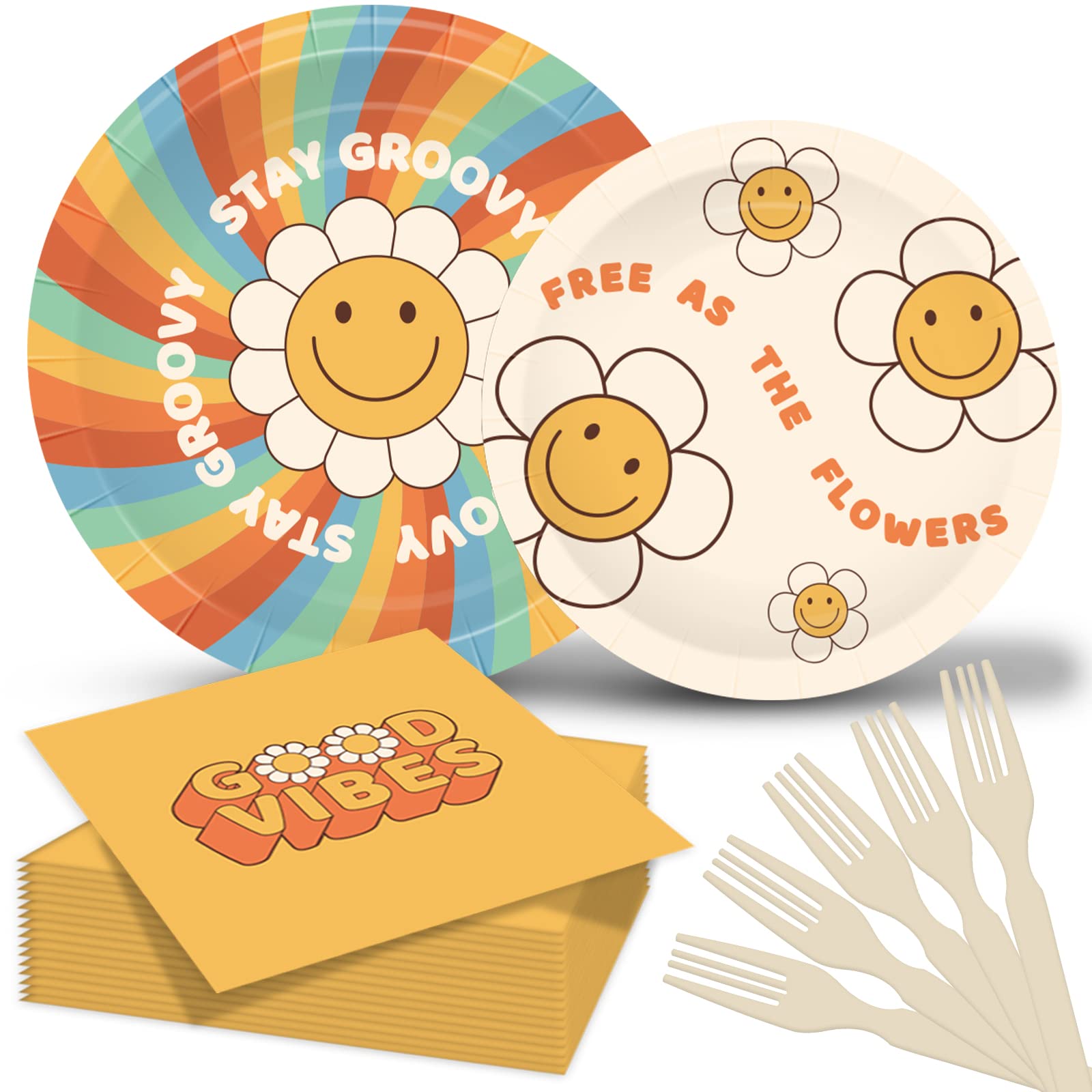 98 Pcs Groovy Birthday Tableware Set Retro Daisies Flowers Theme Party Decorations Paper Plates Napkins Forks for Wedding Birthd