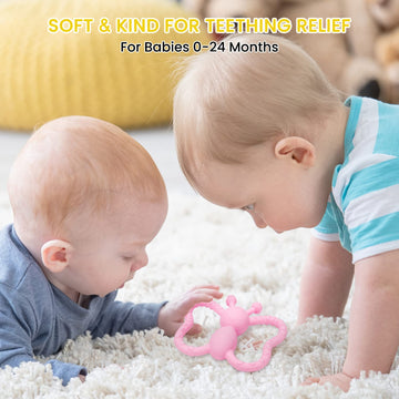 Baby Teething Toys, Butterfly Design Teether Pain Relief Toy For Newborn Babies, Freezer Safe Neutral Shower Gift, Soft Textured