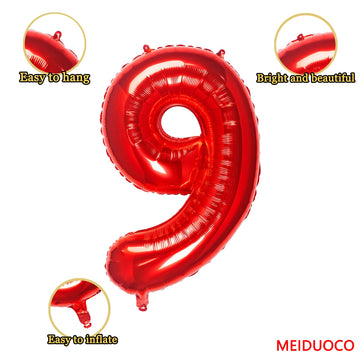 Meiduoco 32 Inch Red Number 9 Balloon (Aluminum, Self Sealing, 1.0 Count, Birthday, Unisex, Number 9)