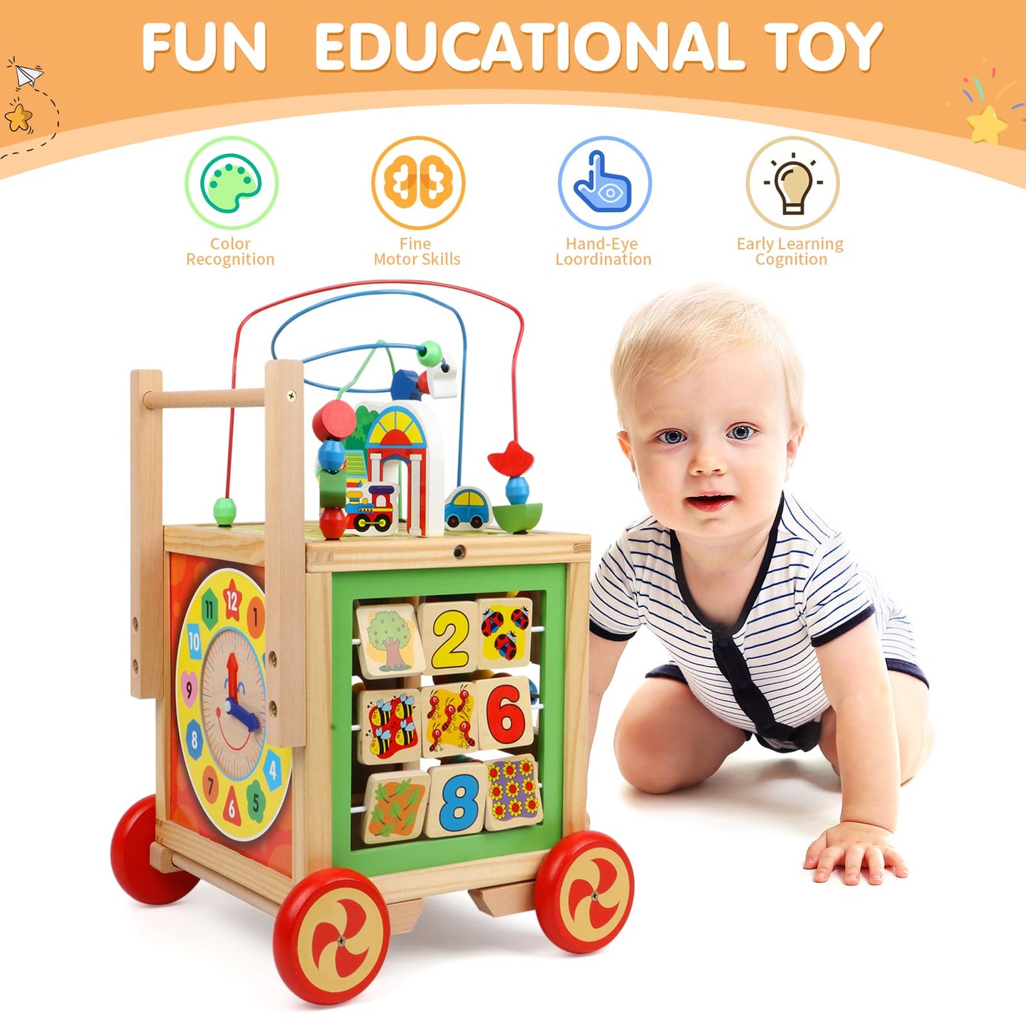 Wooden Activity Cube 6 In 1 Montessori Toys Educational Learning Sensory Toys For 1 Year Old 12-18 Months Boys Girls First Birthday Gifts For Baby Toddler Toys Age 1-2 Bead Maze Shape Sorter Abacus