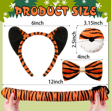 4 Pcs Kids Tiger Costume Kits Tiger Ear Headband Tail Nose Bow Tie Animal Tiger Fancy Costume For Halloween Cosplay Party(Vivid