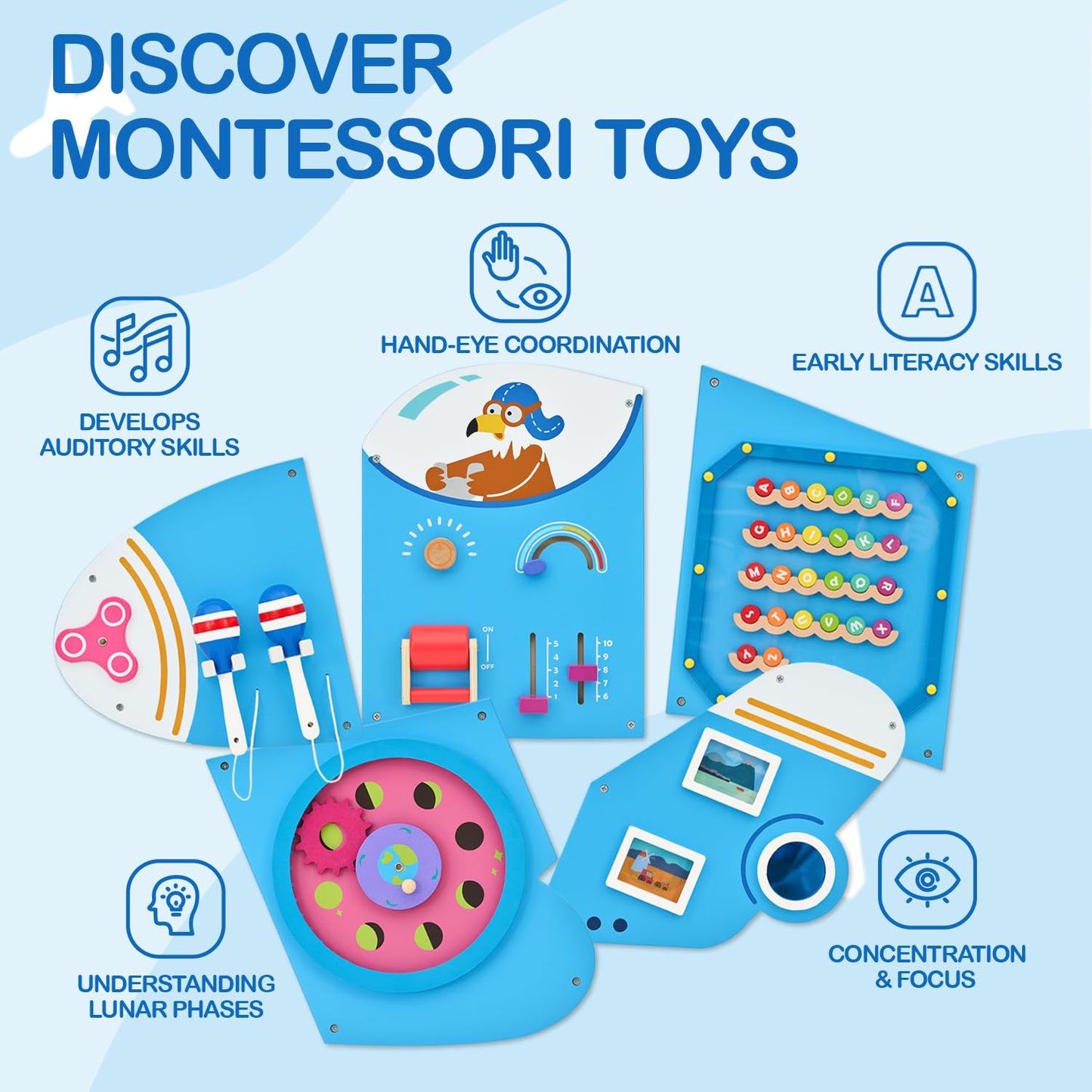 Monlurd Wooden Airplane Activity Wall Panel For Kids, Wall Toys For Toddlers 1-3, Playroom Toys, Daycare Furniture, Montessori B