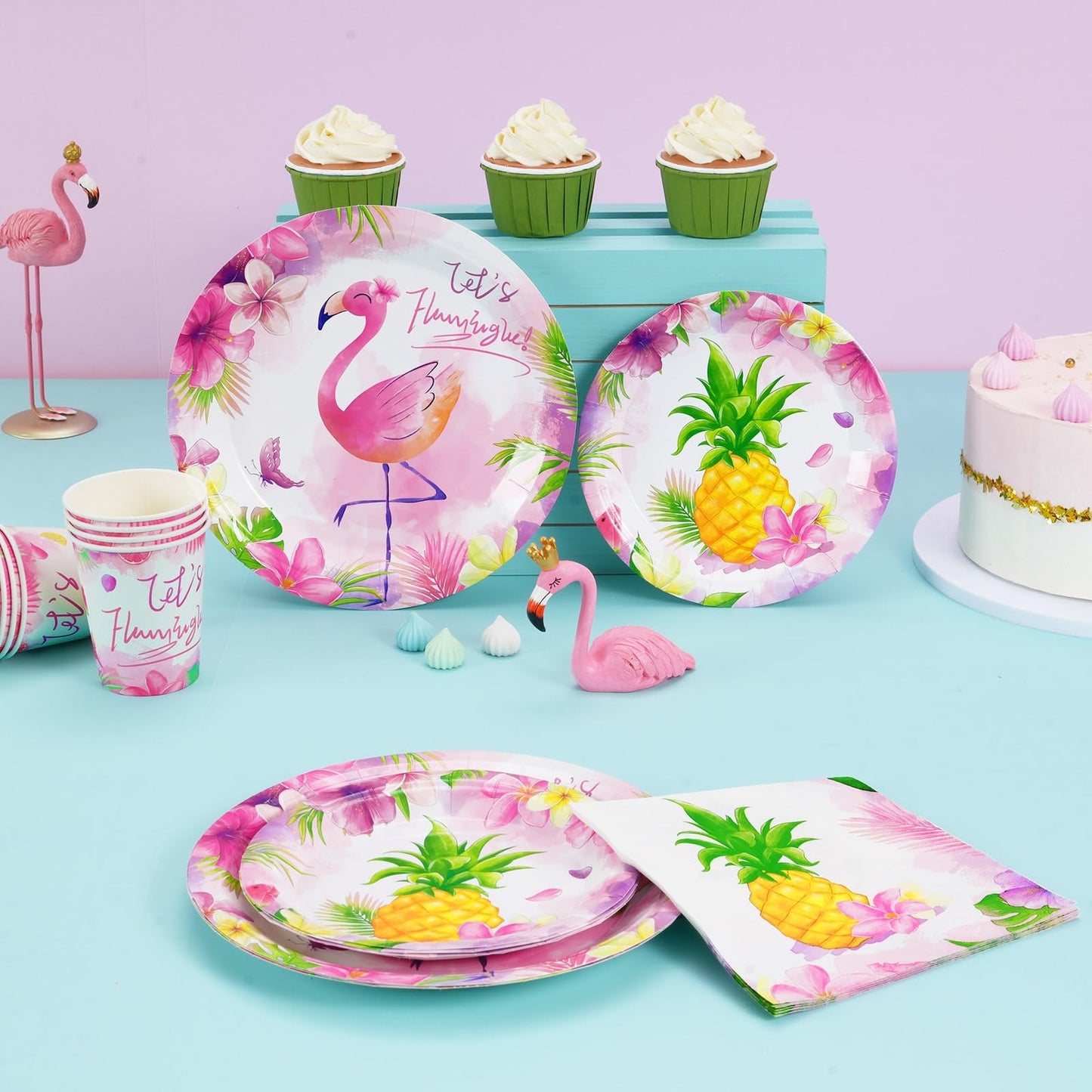 Wernnsai Flamingo Party Supplies - 64Pcs Tropical Hawaiian Luau Party Decorations Disposable Party Plates Napkins Cups Pink Tableware Set For Kids Girls Baby Shower Birthday Party Decor