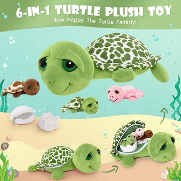 Morismos Sea Turtle Stuffed Animal-14'' Mom Stuffed Turtle With 3 Baby Turtle Toys & 2 Plush Turtle Eggs In Zipper Tummy, Stuffe