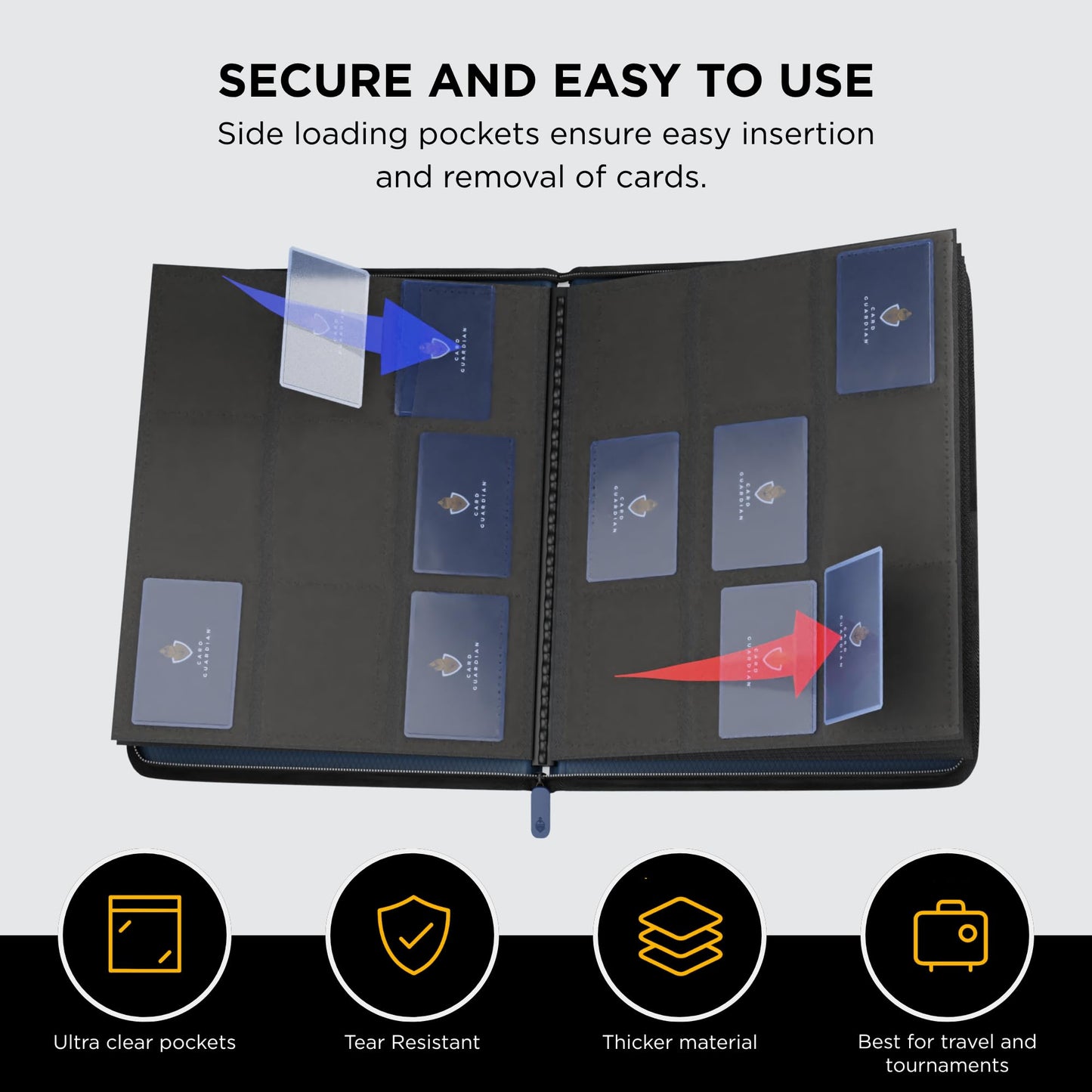 Card Guardian - 9 Pocket enhanced Binder with Zipper for 360 Cards Trading Card Games TCG (Blue) Side Loaded Pockets Perfect for Yugioh Cards MTG Binder Sports Cards