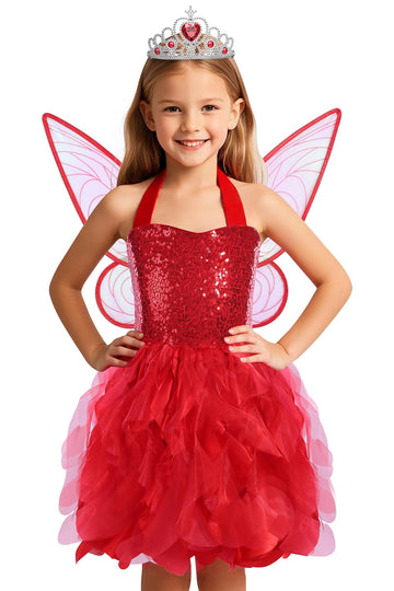 Soyoekbt Fairy Costume For Girls Princess Tutu Dress With Butterfly Wings For Girls Birthday Party Dress Up (Red, 7-8 Years)