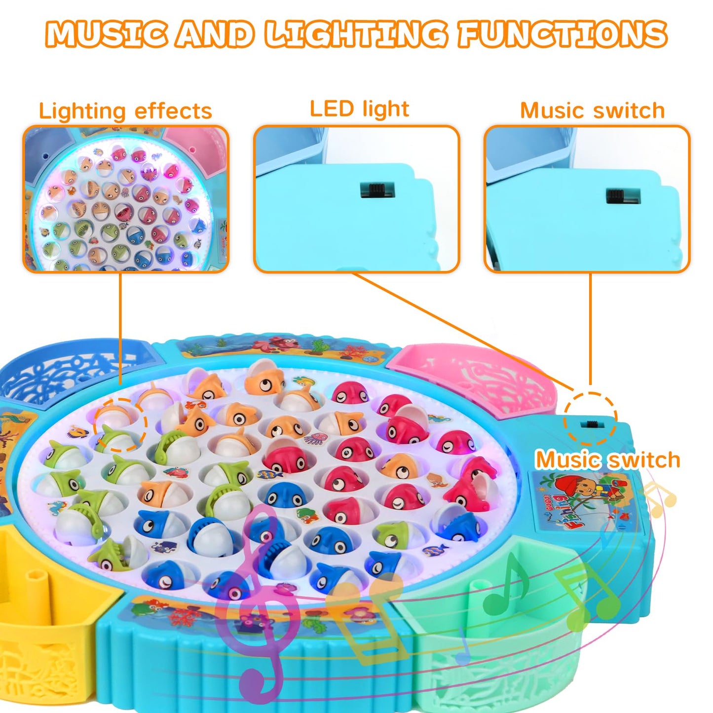 QuadPro Magnetic Fishing Games Set - Educational Toddler & Kids Fishing Toys | 45 Fish  8 Poles  Rotating Board with Music & LED | Ideal Go Fish Toy for Fun!