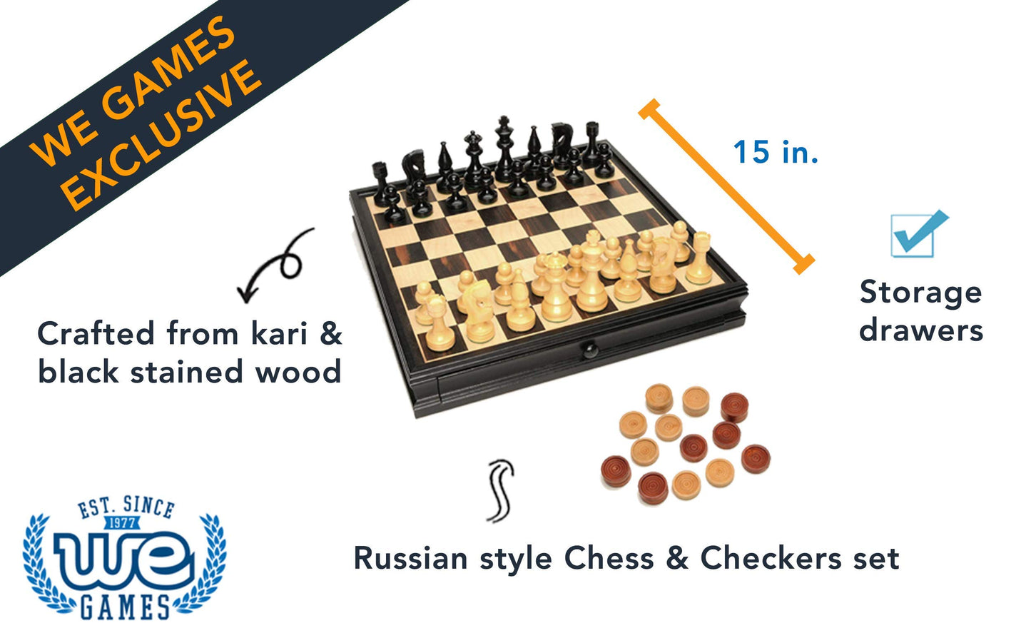 We Games Russian Style Chess & Checkers Game Set Weighted Chessmen & Wood Board - 15 In.