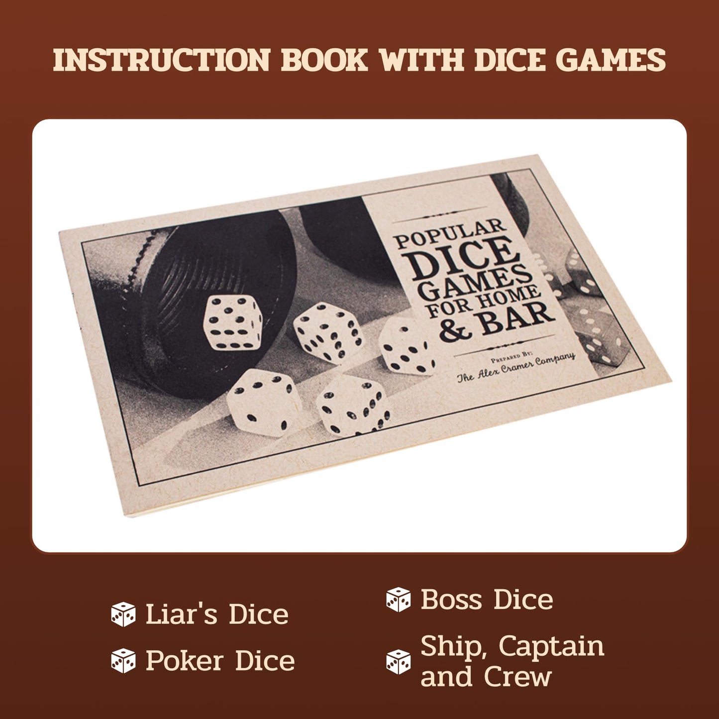 Alex Cramer Golden Gate Dice Shaker Cup Set - Leather Cup with 5 White Dice, Drawstring Pouch, & Liar’s Dice Book - Black Lining