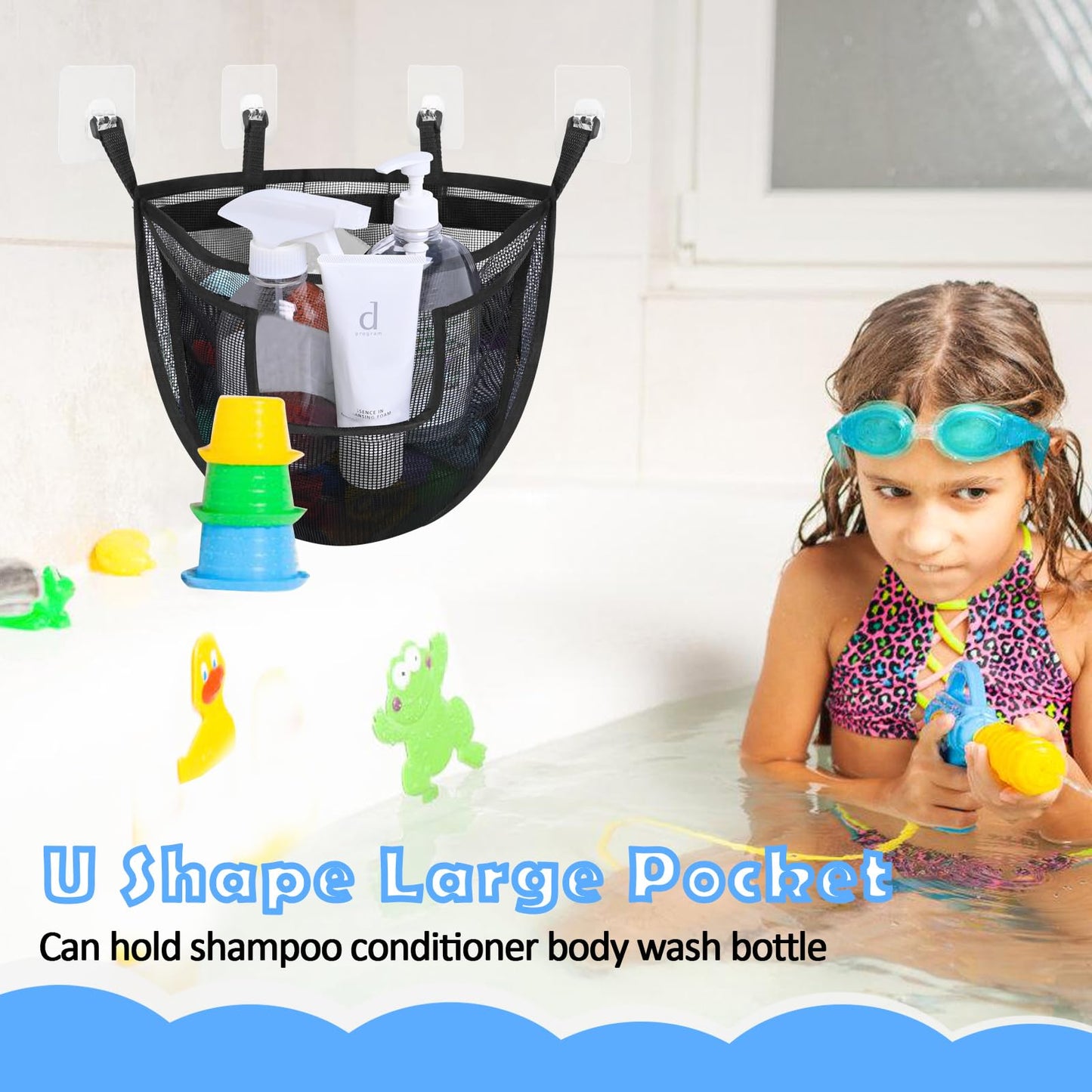 DOCMON Bath Toy Storage  Large Capacity Bath Toy Holder with Buttom Zipper  Quick Release Bathtub Toy Storage with Large Pocket  Corner Mesh Bath Toy Organizer Basket Bin for Bathroom Toys - Black