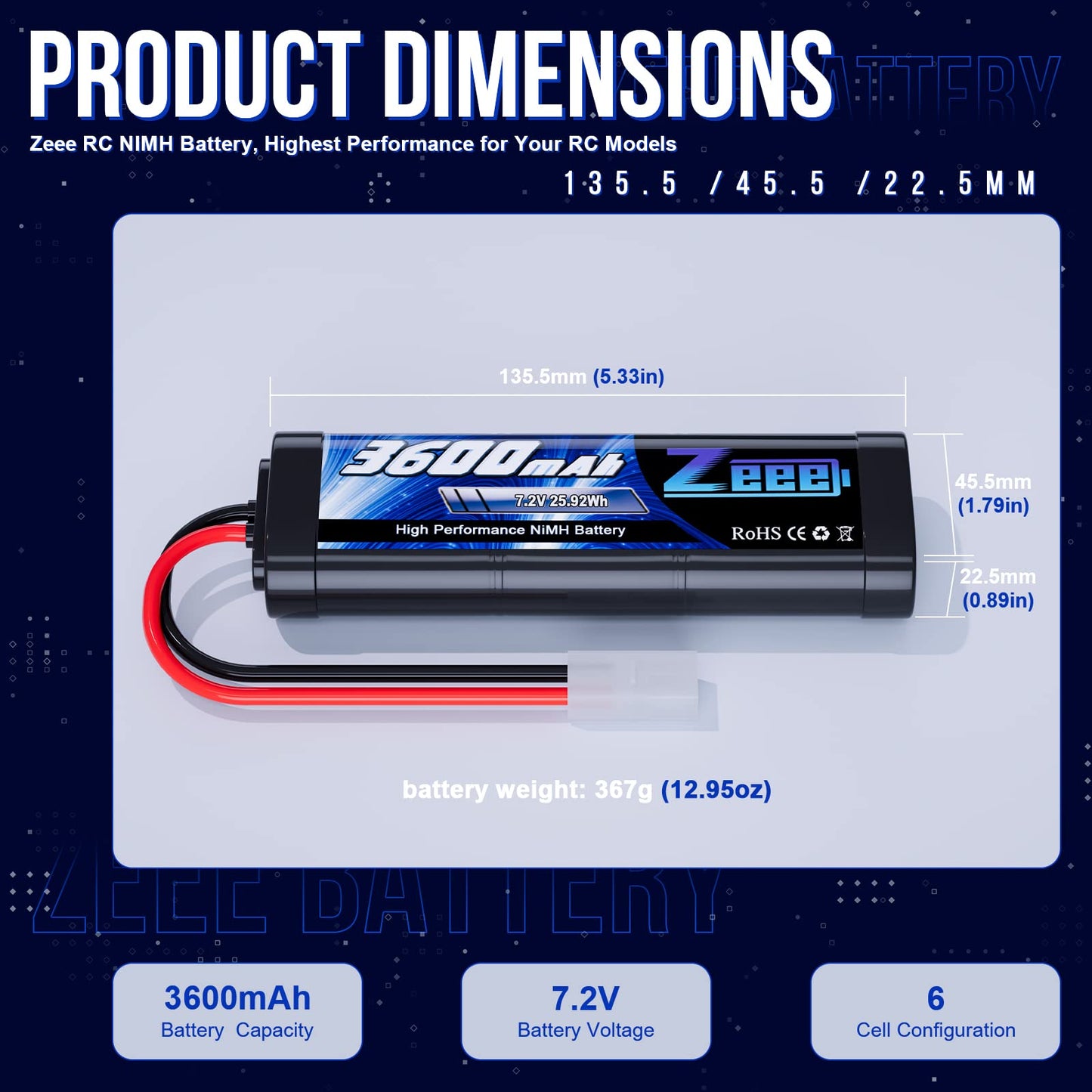 Zeee 7.2V NiMH Battery 3600mAh RC Battery High Power with Tamiya Connector for RC Car RC Truck Associated HPI Losi Kyosho Racing