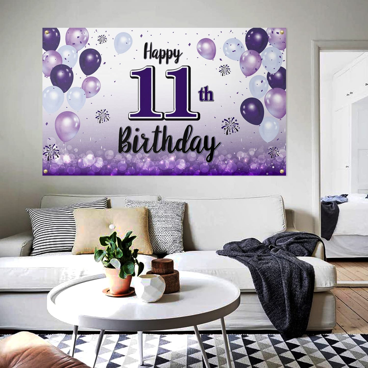 LASKYER Happy 11th Birthday Decorations,11th Purple Balloon Large Birthday Banner Backdrop Sign,Cheers to Eleven Years Old Bday