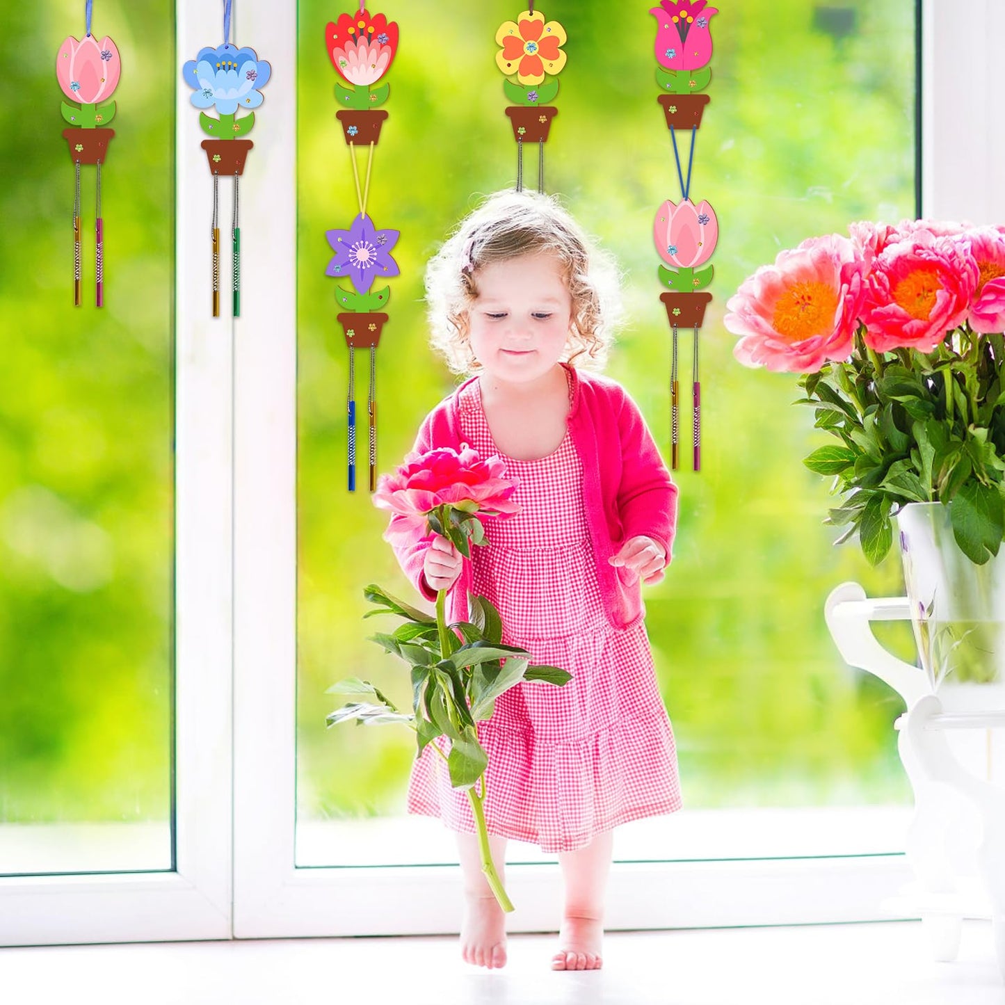 Fennoral 12 Pack Flower Wind Chime Craft for Kids Make You Own Flower Wind Chimes Ornaments DIY Coloring Wooden Art and Craft fo