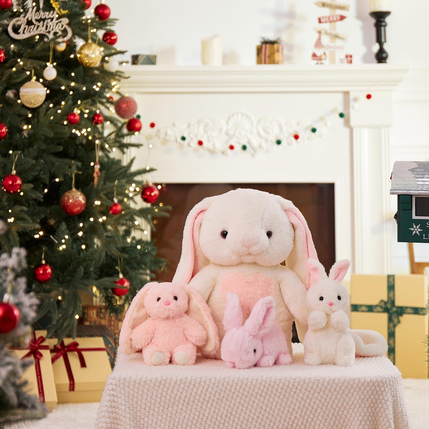 Tezituor Bunny Stuffed Animal With 3 Babies, Plush Rabbit Toy 19“ Long Ear Bunny With Heart Soft Rabbit Plushies Easter Decor Christmas Birthday Gifts For Girls Boys