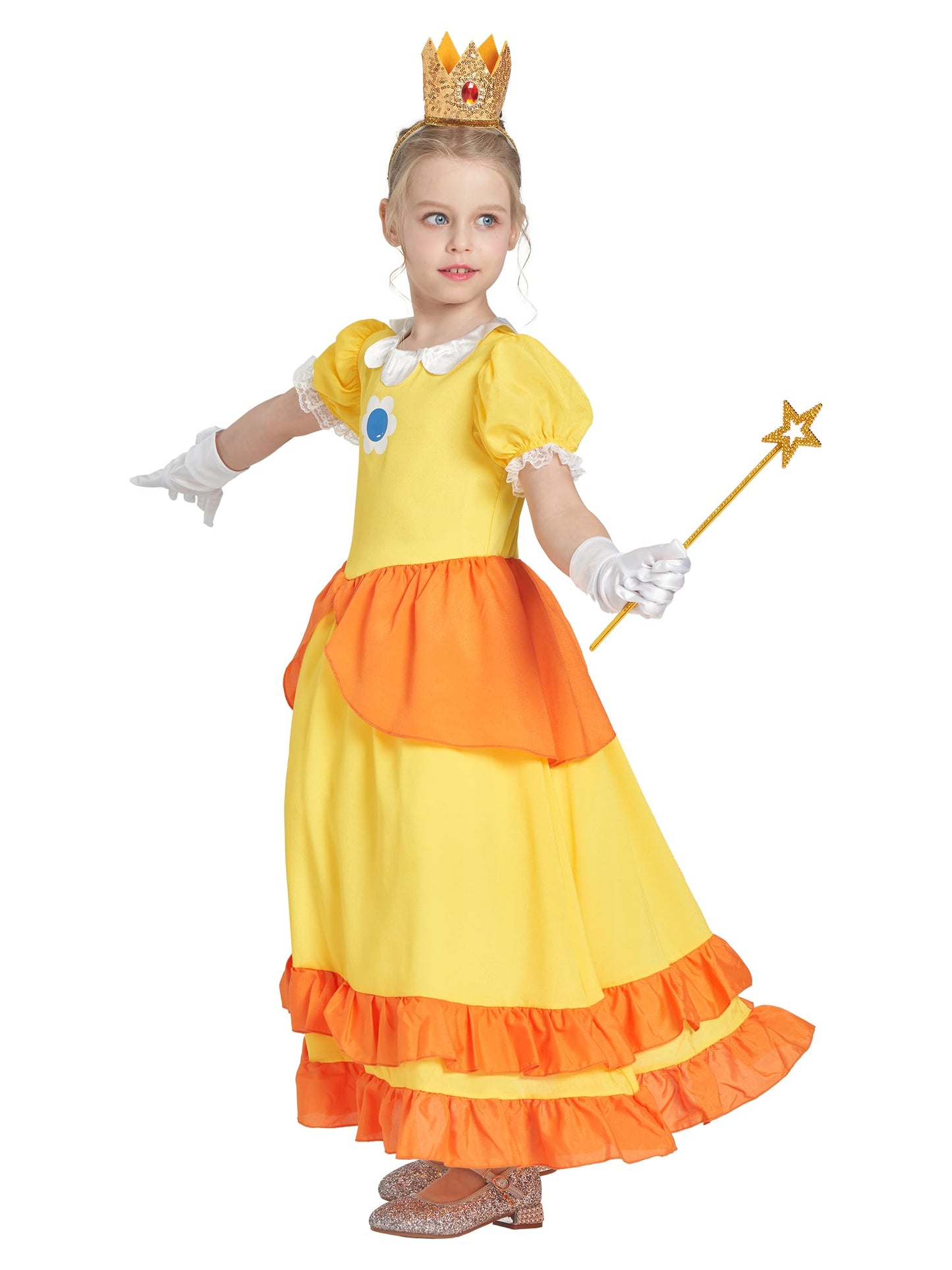 IKALI Princess Costume for Girls, Yellow Princess Dress Outfit With Accessories Crown, Wand and Gloves, Kids Toddlers Birthday F