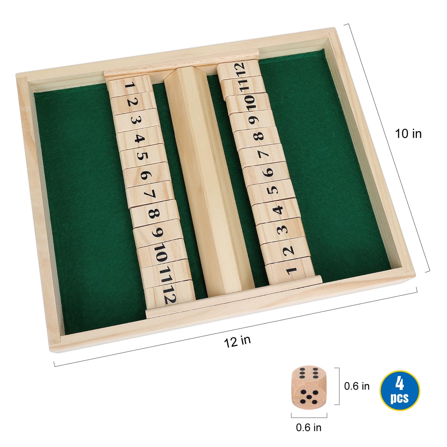 Gothink Wooden Shut The Box Game - Dice Game For 2 Player, Board Game, Classics Tabletop Version With 4Pcs Dices, Popular Pub Bo