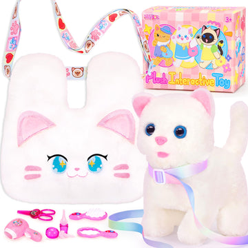 Ninaor Interactive Cat Toys For Kids With Crossbody Bags, Stuffed Cat Plush With Leash Walking Meow Pretend Play Kitty Robot Pet