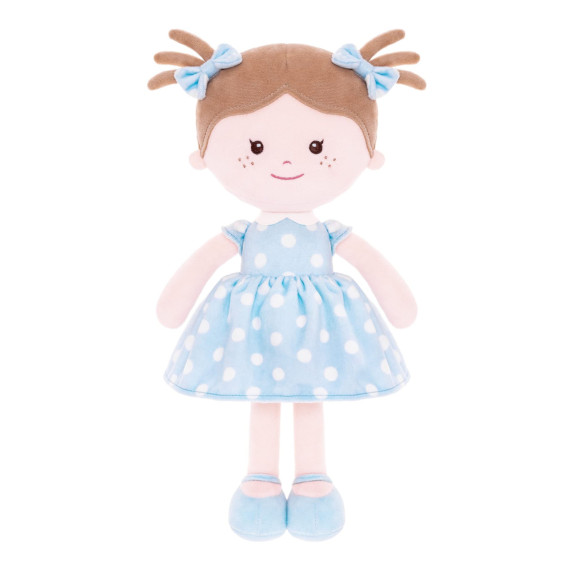 Onetoo Soft Baby Doll First Baby Doll Sleeping Cuddle Buddy Doll Plush Rag Doll Wear Blue Polka Dot Dress14