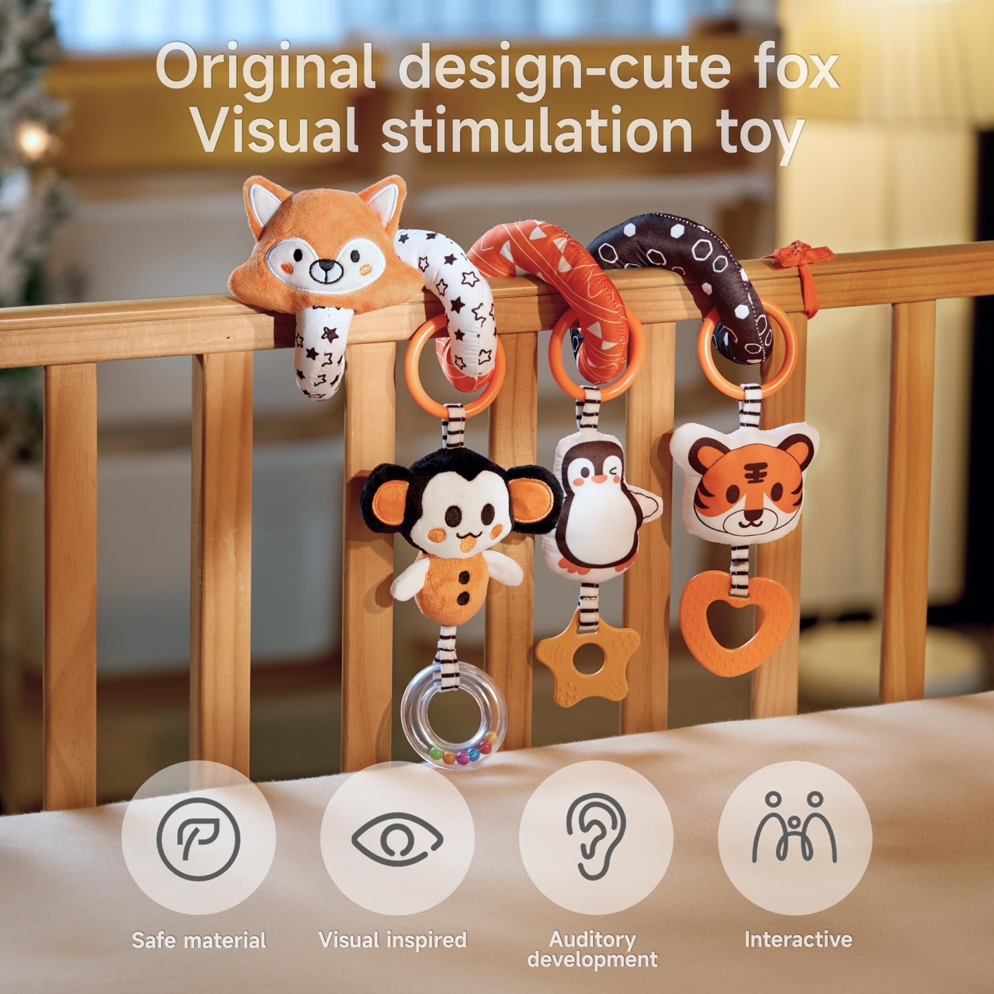 Tumama Baby Car Seat Toys, Black And White High Contrast Newborn Infant Hanging Toys, Crib Stroller Spiral Wrap Toys With 3 Pcs