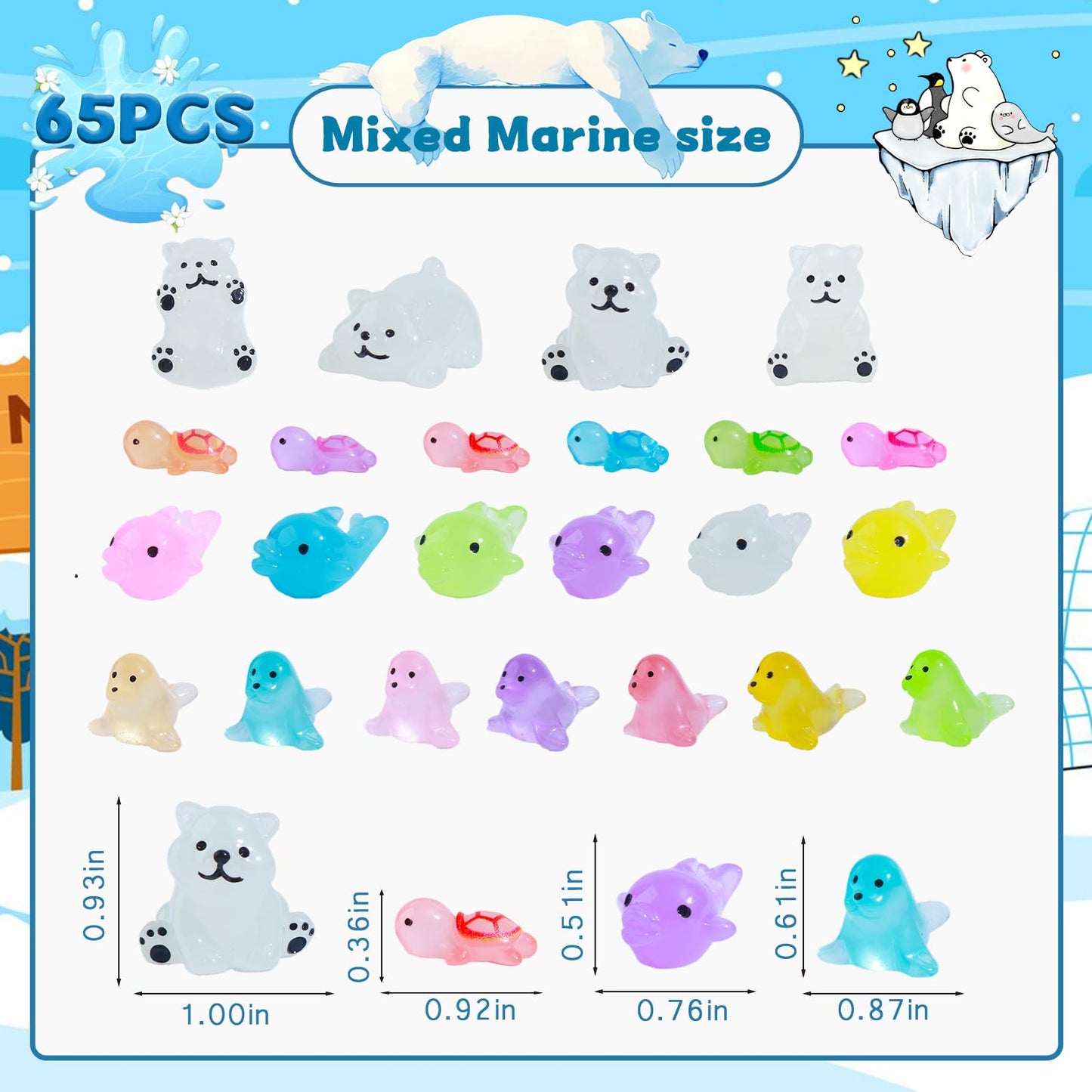 Dsooldre 65 Pcs Luminous Mini Sea Animals Small Turtles Dolphins Seals Polar Bears Figurines Glow In The Dark Tiny Ocean Animals