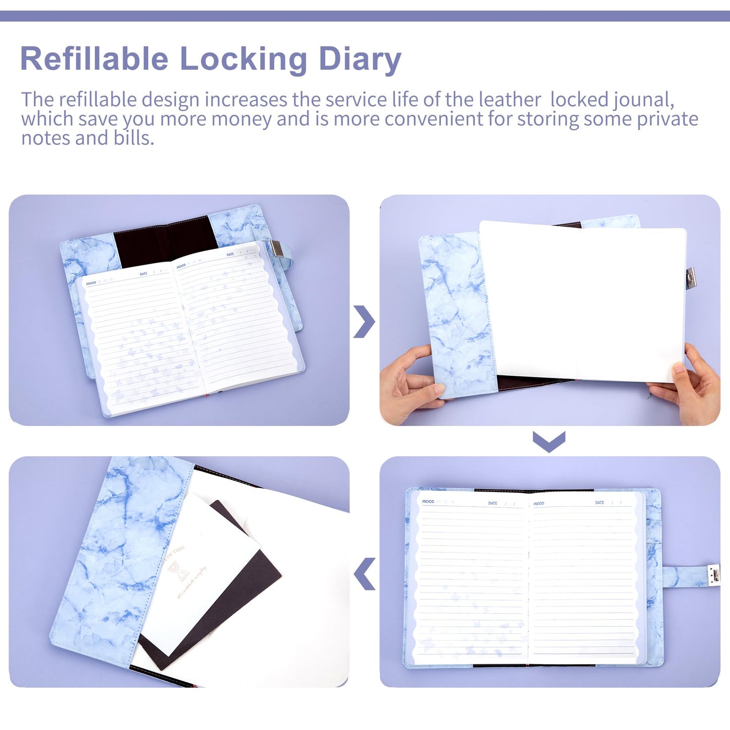 Cagie Marble Diary With Lock For Girls And Women, A5 Secret Journal With Lock 192 Pages Waterproof Girls Locked Diary With Pen, Password Locked Journals For Teen Girls, Purple