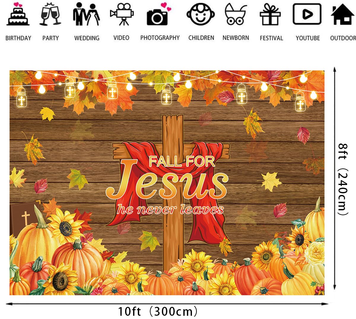LTDKAEN Fall for Jesus Backdrop He Never Leaves Wooden Autumn Thanksgiving Backdrop Autumn Harvest Pumpkin Maple Leaves Sunflowe